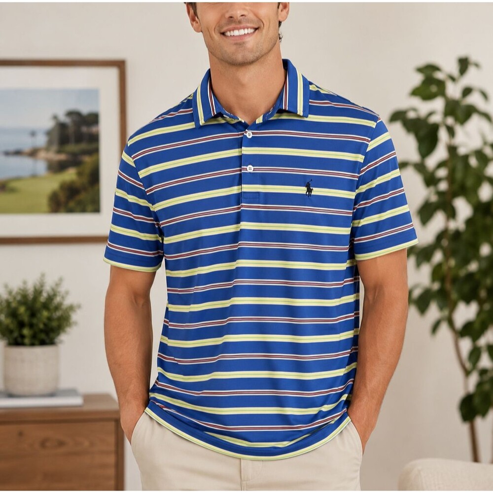 Polo Ralph Lauren Men's Performance Blue Striped Golf Stretch Polo Shirt Medium